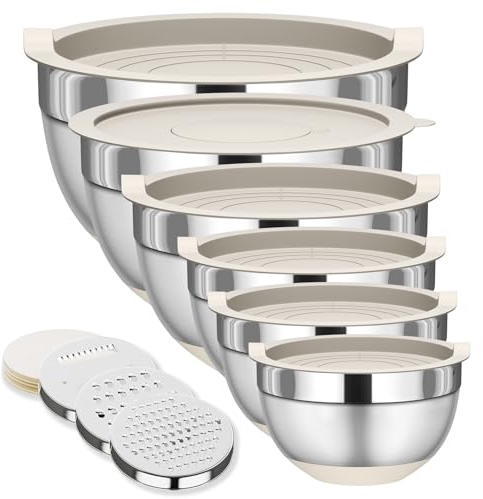 Fyrnova Rührschüsseln mit Deckel, 6 Stück, Edelstahl, stapelbare Aufbewahrungsschalen für die Küche, mit 3 Reibeaufsätzen und rutschfesten Böden, Größe 5,5, 3,5, 2,5, 2,1, 1,5, 1,1 QT, groß, Khaki