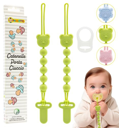 PAGGETTO Attache sucette en silicone alimentaire - Clip à fixer sans vis pour la sécurité de vos enfants - Lot de 2 attache-tétine sans BPA (vert)
