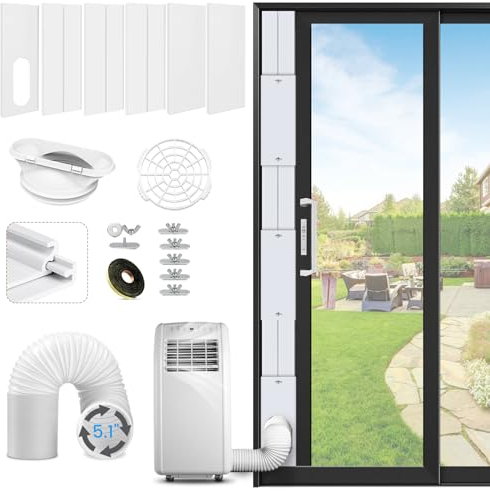Tragbare Klimaanlage Schiebetür Entlüftung Kit, 78 Zoll Abluftschlauch mit 5,1 Zoll Durchmesser, Einstellbare 43.2-241.3 cm Dichtplatten, Nahtloses AC Vent Kit für Schiebetüren/Fenster