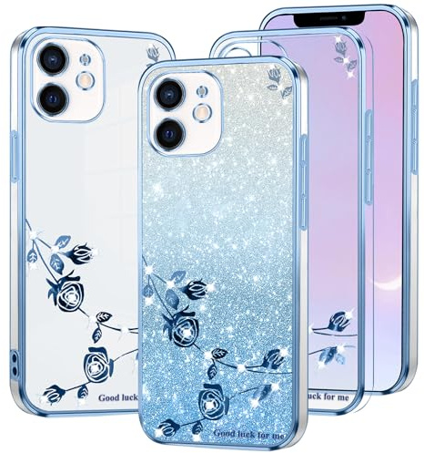Kainevy Cover per iPhone 12 Mini Trasparente Glitter Cristallo Floreale per Donne e Ragazze, Brillantini per iPhone 12 Mini Cover Silicone Morbido Antiurto Bling Case Sottile Rosa (Blu)