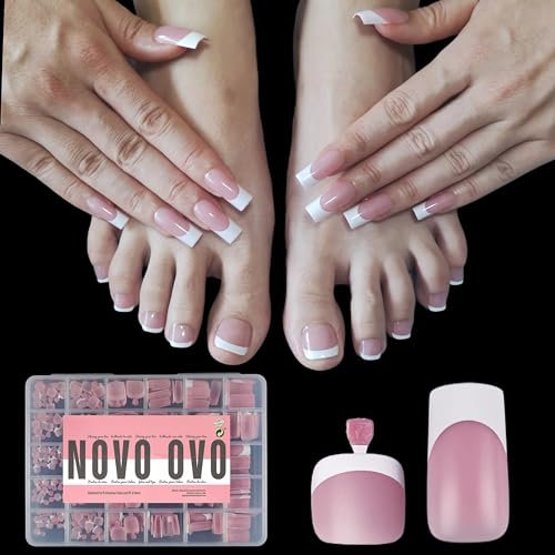 NOVO OVO French Tip Nagelspitzen zum Aufdrücken, BERRY PINK Square Nagelverlängerung, Quadratische runde Zehennägel, Vorgeschichteter Tip Primer für Base Coat, Vollabdeckung für DIY x 15 Größen