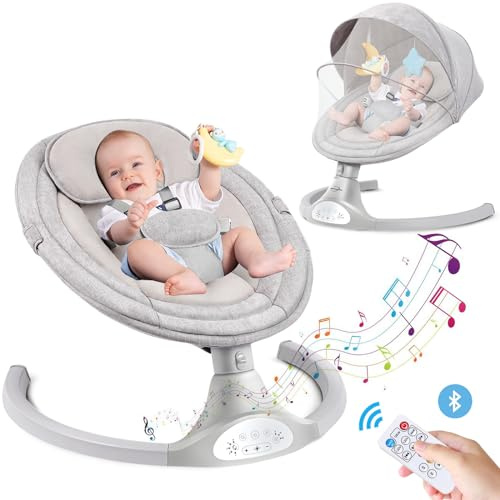 YUMBOT Babywippe Elektrisch,Babyschaukel Elektrisch mit Musik,5 Wippgeschwindigkeiten, Bluetooth-Schaukel,Fernbedienung,5-Punkt-Gurt, Stabile Basis (Hellgrau)