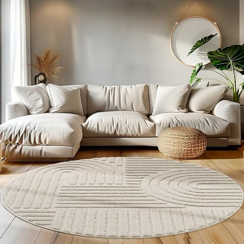 Teppium Teppich für Wohnzimmer, modern, Beige, 120 cm, rund, Kurzflor, skandinavischer Stil, Boho-Stil, flauschig und weich, für Schlafzimmer, Küche, Wohnzimmer