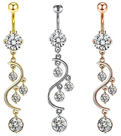 Epinki Piercing Schmuck, 3 Pcs Bauchnabelpiercing, Edelstahl Piercings Set S Form Bauchnabel Ringe Piercing mit Anhänger Zirkonia Körperschmuck, Tricolor