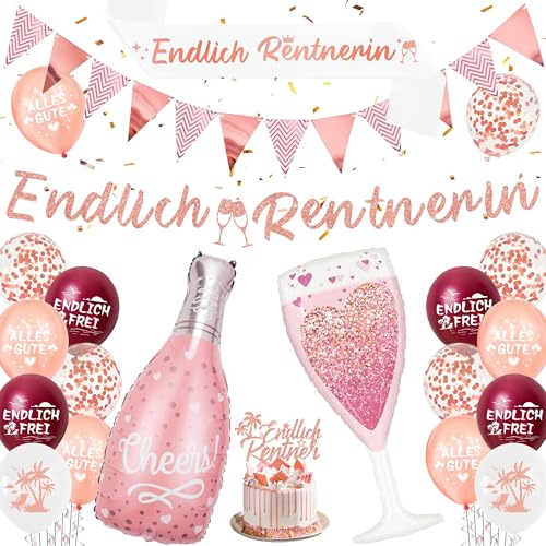 Xietaea Rente Deko Set Roségold - Endlich Rentnerin Dekoration Mit Alles Gute Zum Ruhestand Luftballons, Girlande, Tortendeko, Schärpe für Abschiedsfeier Party