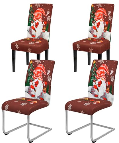 Yugarlibi Weihnachten Stretch Stuhlhussen 4er Set Stuhlbezug Schwingstuhl Universal Elastische Esszimmerstühle Bezug Xmas Waschbare Stühle Schutz für Esszimmer Hotel Party (4 Stück, Rot Zwerg)