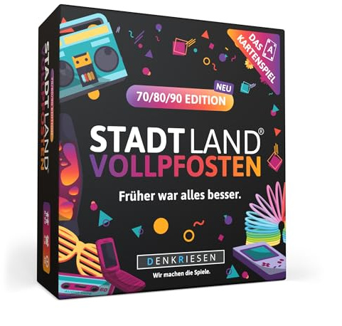 DENKRIESEN Stadt Land VOLLPFOSTEN 70/80/90 Edition | Das Kartenspiel | 200 Kategorien für 3–6 Spieler ab 8 Jahren, Reise- und Partyspiel im Stadt-Land-Fluss-Stil für Fans der 70er, 80er und 90er.
