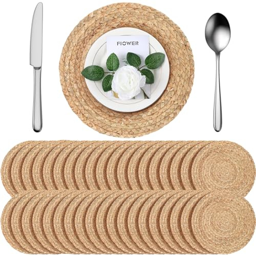 FoldTier 40 Pcs Round Placemats Bulk Plate Chargers Set 11.8 Inch Woven Placemat Rustic Braided Straw Rattan Charger Natural Water Hyacinth Place Mat for Wedding Party Table Single Tableware Use