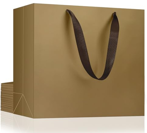 EUSOAR Geschenktüten Braun Gold - 10 stück 230GSM Goldene Kraft Papiertüten mit Henkel - Quer Mittelgroß Gift Bags M 27x8x21cm - Geschenktasche Jahrestag Party