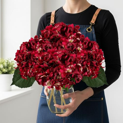 VYZXZAF 5 hortensias artificiales de color rojo loco, 20.5 pulgadas, hortensias falsas realistas con tallos para centros de mesa del hogar, arreglos, decoración de ramo de boda (rojo oscuro, 5