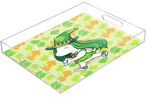 St. Patrick's Unicorn Acrylic Serving Trays, Clear Rectangular Tray with Handles Serving Platter for Coffee Table Kitchen Bathroom