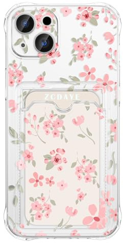 ZCDAYE Hülle für iPhone 14 mit Kartenhalter, Süße Blumen Muster Handyhülle TPU Klare Hülle Elegant Frau Damen Handytasche Stabil Edel Tasche für iPhone 14 (6.1 inches), Sanftes Rosa