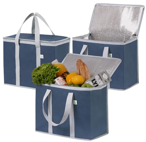 VENO 29 Liter Einkaufstasche Wiederverwendbare Faltbar Kühltasche Einkaufskorb, Groß Picknickkorb Robuste Isoliertasche Lunchtasche, Aufrecht Stehend Thermotasche (Dunkelblaut, 3er-Pack)