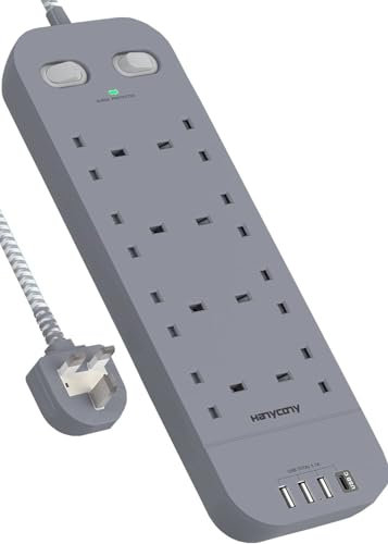 5M Extension Lead, HANYCONY 8 Way Outlets Power Strip with 1800J Surge Protection, Double Switch Plug Extension with 15FT Braided Extension Cable for Home, Dorm Room, Office Accessories, Gray