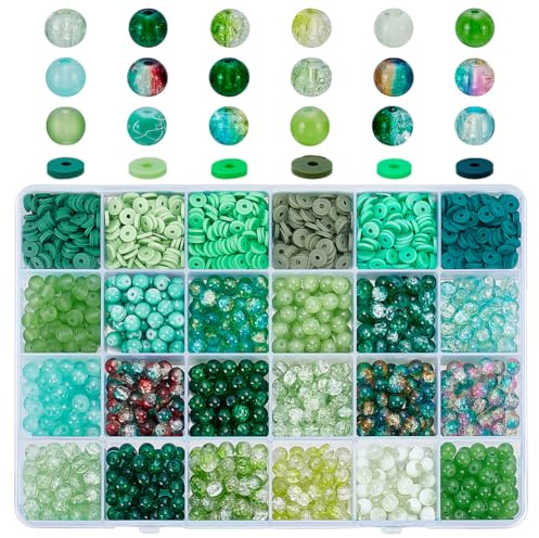 PH PandaHall 1848pz Perline di Vetro Colorate 24 Colori 6mm Perlines di Cristallo Perline Piatte Argilla Polimerica per La Creazione di Gioielli Collana Braccialetto, Serie Verde