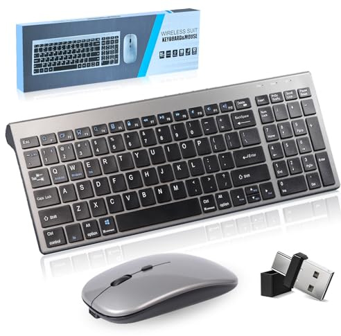 Conjuntos de teclado y ratón inalámbricos 2.4G y Bluetooth y USB-C,teclado inalámbrico recargable, ratón silencioso, teclado ultrafino con teclado digital, para ordenador/PC/Laptop/Windows/Mac,QWERTY