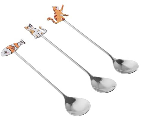 LAPYAPPE 3pièces Cuillères Acier Design Chat Et Poisson Ensemble De Cuillères à Café Et Dessert Pour Remuer Thé Iced Tea Espresso Utensiles Idéaux Pour Restaurants Et
