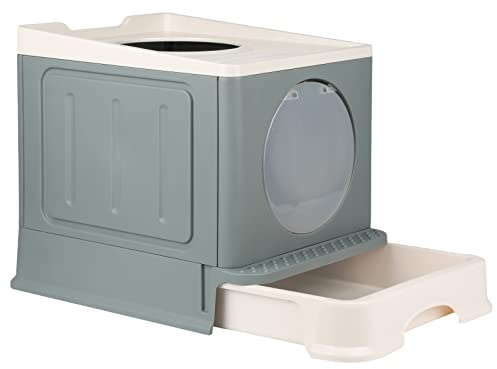 OHMG Katzenklo, Katzentoilette mit Deckel+Zubehör Inklusive Schaufel und Matte,Katzen Klo Geschlossen Groß, XXL Cat Litter Box,Ausziehbares Tablett (Asche-48 * 39 * 34cm)