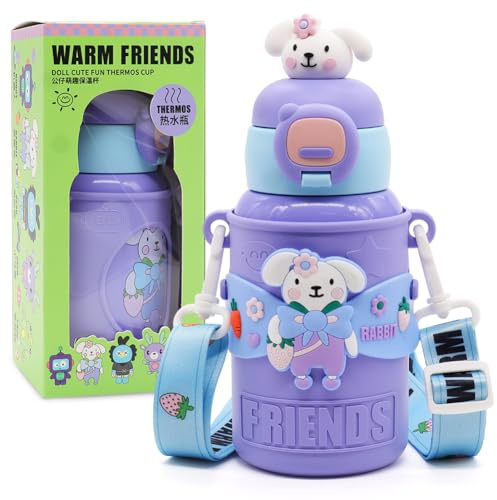WFKKMEQ Gourde Isotherme Enfants, Acier Inoxydable Lapin Gourde, Enfants Bouteille d'Eau avec Paille, Bouteille Isotherme pour École Sport Maternelle 450ml