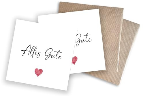 WBdesignz 2er-Set Grußkarten „Alles Gute“ – Schlichte Glückwunschkarten mit Herzmotiv – Für Geburtstag, Dankeschön, Abschied - Geburtstagskarten – mit Umschlägen 125 x 125 mm (2er-Set)