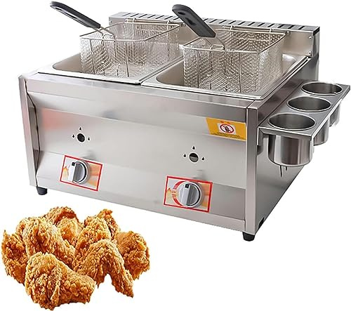 HPTHLY Friteuse À Gaz Professionnelle 20 L/30 L, en Acier Inoxydable, avec Paniers Amovibles Et Couvercle, pour Frites, Dinde, Restaurant,10l+10l+2xfried Baskets