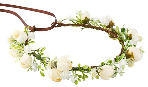 Handschmade Blumenkranz für Damen und Mädchen als Kopfschmuck und Haarzubehör für Hochzeit, Braut, Cosplay, Faschingskostüme, Karneval, Party und Festival in Weißer Ausführung