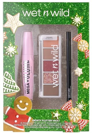 Wet n Wild Frosty Flutter Vault Set, Caja de Regalo de Maquillaje para Ojos con Eyeliner Negro Retráctil, Máscara de Pestañas Negro Voluminizante y Paleta de Sombras de Ojos con 5 Tonalidades