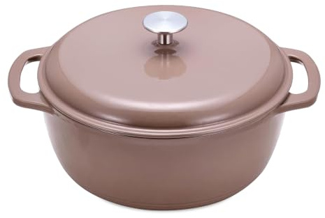 Amazon Basics Cazuela Redonda de Hierro Fundido Esmaltado con Tapa, 6,9 L, Arcilla