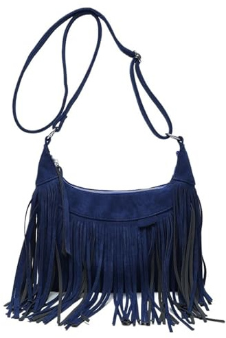 ZRHWSPD Borsa A Tracolla Con Frange In Pelle Borsa a tracolla con nappa, in pelle di daino, da donna, retrò, a, a mano(Blue)