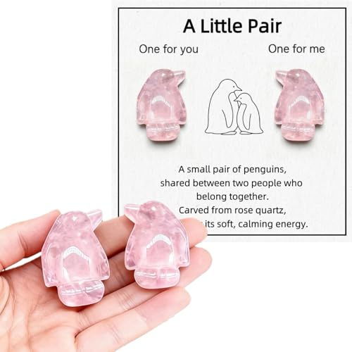 Virelle 2 Cute Rose Quartz Penguin Healing Crystal Gifts for Women, Anxiety Relief Worry Stones for Stress & Anxiety, Crystal Animal Ornaments for Boyfriend Girlfriend Wife Husband (Rose Quartz)