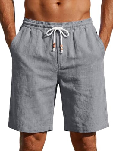 Runcati Men's Lightweight Linen Shorts Plain Cotton Summer Shorts Chino Sports Beach Casual Trousers with Elastic Waist and Pockets