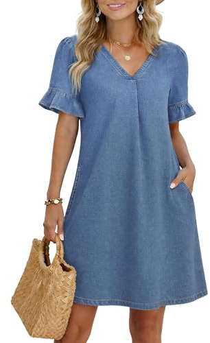 Fengbay Vestidos de verano de mezclilla para mujer UK, cuello en V, volantes, manga corta, elegante, vestido informal de jean, camisa para mujer con bolsillos, azul claro, XL