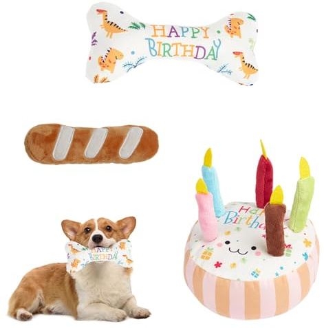 3Pcs Dog Birthday Toy Set,Soft Plush Cake Bone Bread Squeaky Chew Toys | for Small Medium Dogs Present Birthday Celebration Daily Play