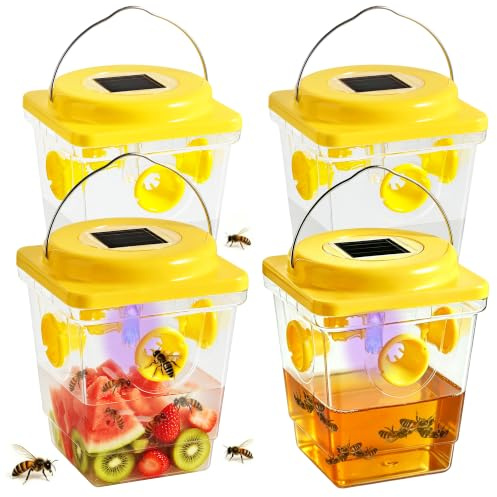 4 Trampas Avispas Exterior Atrapa Wasp Trap Asiatica Velutina Abejas Traps Outdoor Hanging Avispa Trampa Reutilizable con Luz Solar LED Sin Productos Químicos para Jardín, Balcón y Camping (Amarillo)