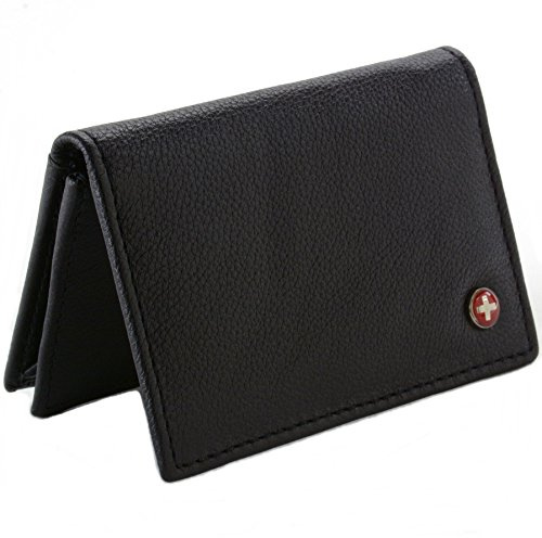 Alpine Swiss Classic Leather Business Card Wallet with ID Window - Expandable pocket - Thin Slim Billfold Credit Card Case