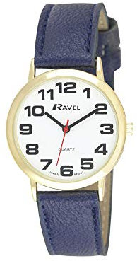 Ravel - Reloj Unisex de Correa de fácil Lectura con números Grandes - Azul/Tono Dorado/Esfera Blanca