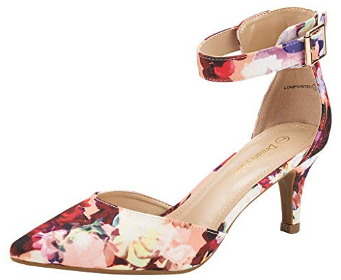 DREAM PAIRS Womens Court Shoes Pointed Toe Low Kitten Heel Ladies Pumps Ankle Strap Dress Sandals,Size 7,Floral,LOWPOINTED