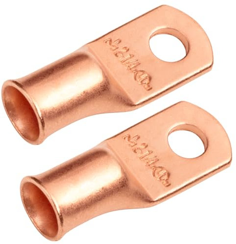 SELTERM 2 AWG (35 mm²) - 1/4 (M6) ⌀ Hole UL Heavy Duty Wire Lugs, Battery Cable Ends, Bare Copper Eyelets, Tubular Ring Terminal Connectors [B45] - 2 Pack