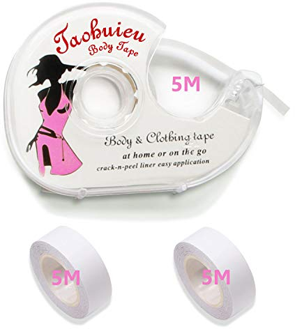 TAOHUIEU Body Double Sided Tape, 3 rolls Self Adhesive Clothes Flash Tape 5 Meters with 3 tapes and a Dispenser for Dress Secret Bra Tape, Middle, Transparent