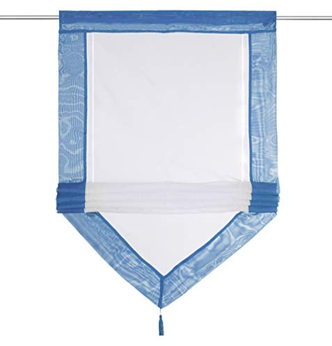 Raffrollo mit Quaste Dreieck Raffgardine Voile Transparent Tunnelzug Vorhang (BxH 45x140cm, Blau)