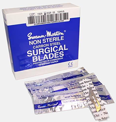 Swann Morton Boîte de véritables scalpels non stériles bleus CE # 6, 9, 10, 11, 12, 12d, 13, 14, 15, 15A, 15C, 15T, D/15, 16, 18, 19, 20, 21, 22, 22A, 23, 25, 25A, 27 (No 10A)