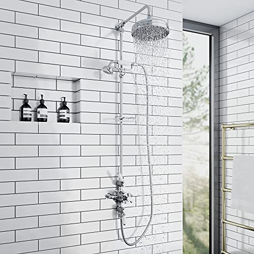 ENKI SH0180 Downton Thermostatic 2 Outlet Shower System, Chrome, Rainfall | Solid Brass, 10-Year Guarantee, Swivel Spout, Flexible Hoses Included, Easy Install, Fittings Included, Rainfall Shower Head