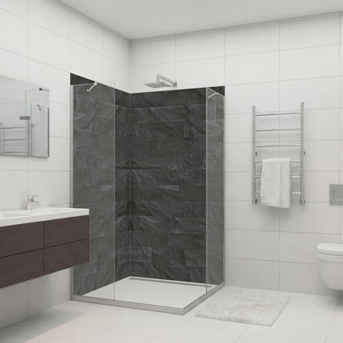 dedeco Eck-Duschrückwand wasserfest mit Stein V6 Motiv - 2 x 90x200 cm, als Badrückwand zum Fliesenersatz, als Dekorwand, Wandverkleidung und Duschplatte aus Aluminium - Made in Germany