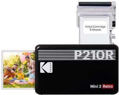 Kodak Mini 2 Retro 4Pass, Impresora Fotográfica + 8 Hojas, Fotos Instantáneas Tamaño 54X86mm, Conexión Inalámbrica Bluetooth - Negro