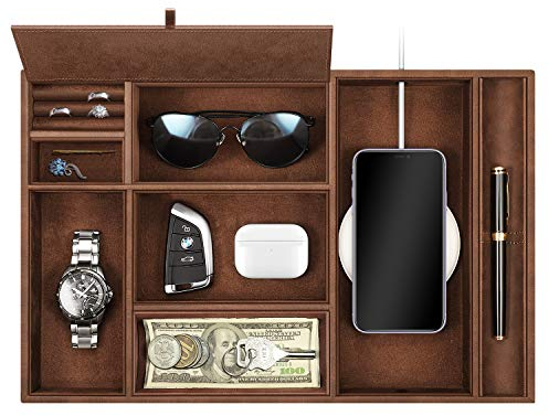 SITHON Schreibtisch-Organizer – 8 Fächer, Catchall EDC-Tablett, PU-Leder, Nachttisch, Nachttisch, Münzbox, Schlüssel, Schmuck, Aufbewahrung, Organizer, Braun