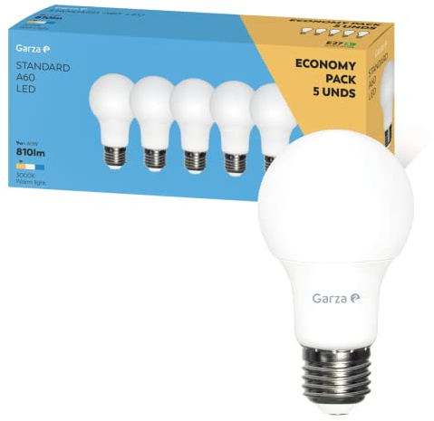 Garza - Pack 5 Bombillas Led Estándar, Casquillo E27, Luz Cálida 3000K, 7W, 810 Lúmenes, A60. No Regulable.
