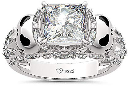 Jeulia Jack and Skellington Rings Women Nightmare Before Christmas Skull Rings 925 Sterling Silver Princess Cut Band Ring Anniversary Promise Romantic for Her Mum ladiess white