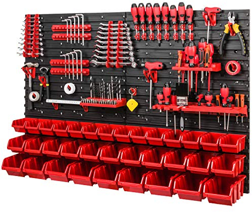 Boîtes à outils murales empilables 1152 x 780 mm système de rangement SET porteoutils et boîte 34 pièces étagère murale d'atelier tiroirs perforée ouvertes, rouge