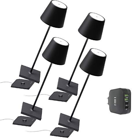 [Amazon Exclusive] Zafferano Poldina Pro Kit 4x Lámpara Portátil, Cargador USB cuádruple Aiino para Cargar Simultáneamente Lámpara/Smartphone, LED regulable, Base de Carga por Contacto, H38cm - Negro