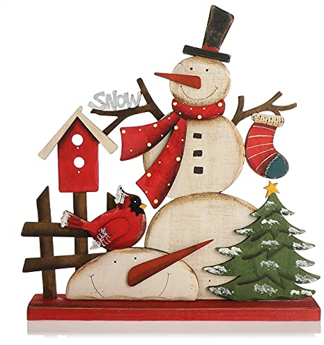 com-four® Dekorativer Aufsteller für Weihnachten - Schneemann aus Holz zum Hinstellen - Weihnachtsdekoration zum Verzieren und Verschenken (Schneemann mit Vogelhaus)